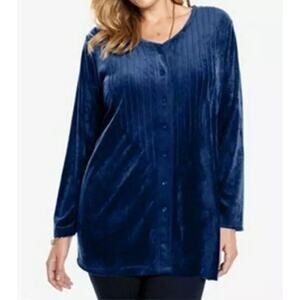 Woman Within Velour Pintuck Button Up Knit Tunic Top Blouse Blue V-Neck Size 2X